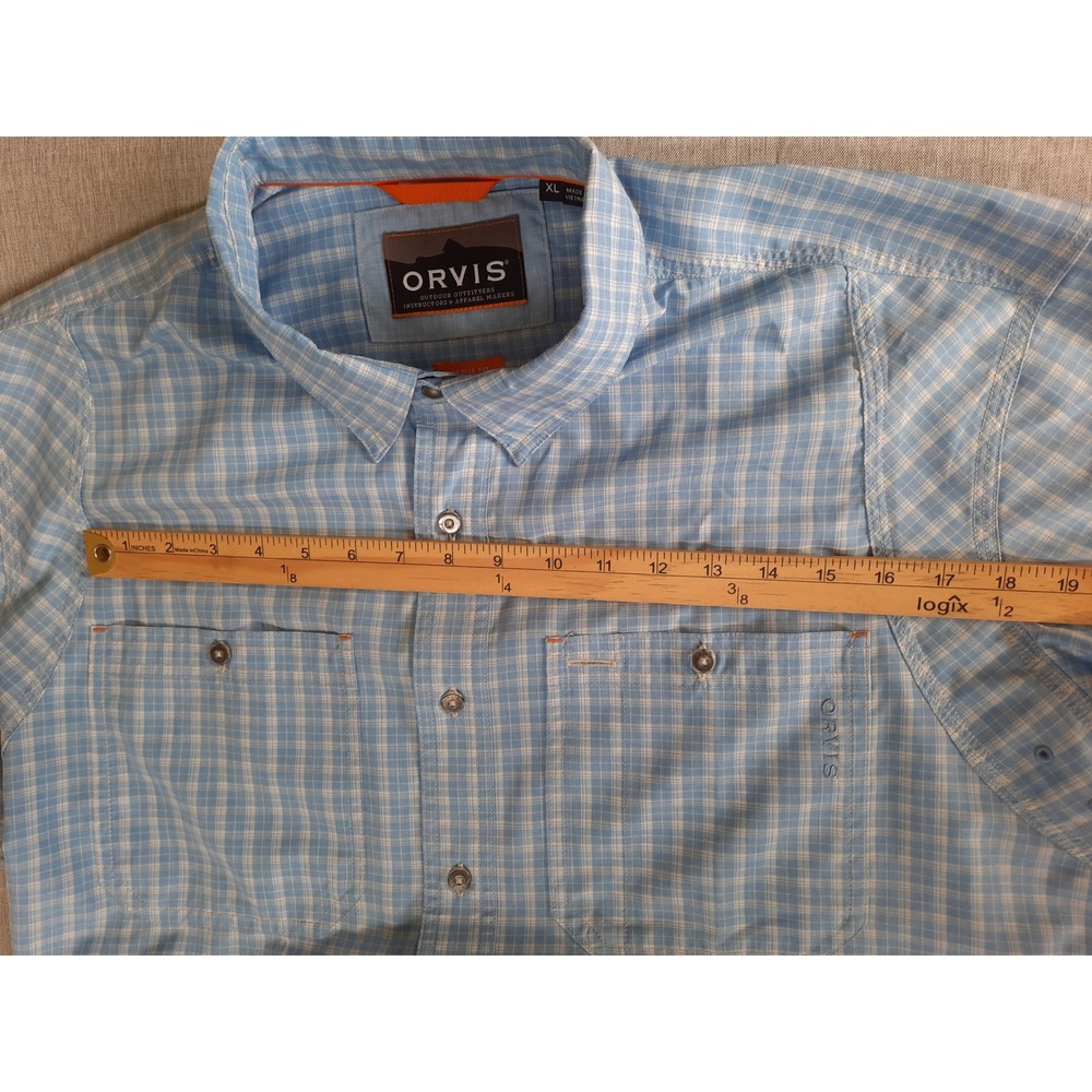 Orvis Men XL Vent Outdoor Plaid Pocket Button Shirt SS Recycled Polyester Blue - Picture 3 of 9